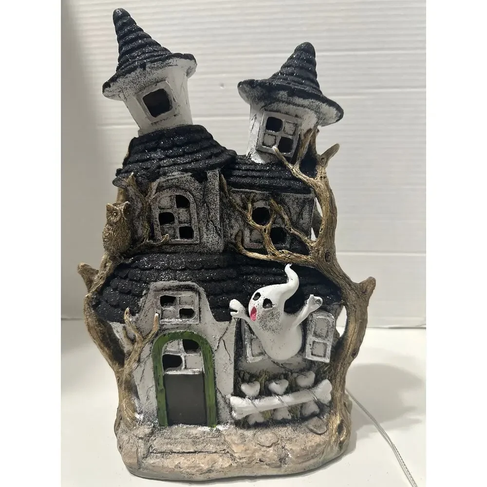 Retro Halloween  Spooky Light Up Haunted House With Ghost & Owl 2024 NWT